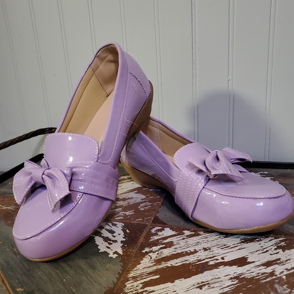 Lolita Patent Leather Flats Bow Toes Lilac Lavender Pasel Purple Shoes 7W wide - Picture 1 of 9